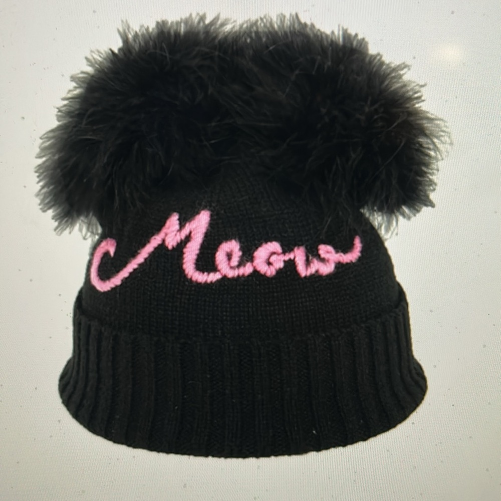 KATE SPADE NEW YORK meow marabou pompom beanie BLACK NWT